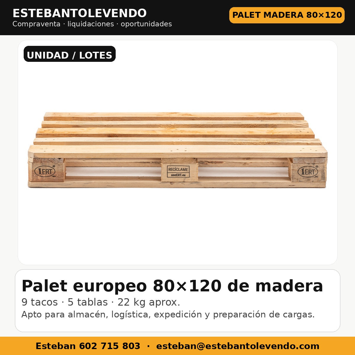 Palet madera 80x120 tipo europeo 1ERT reciclable