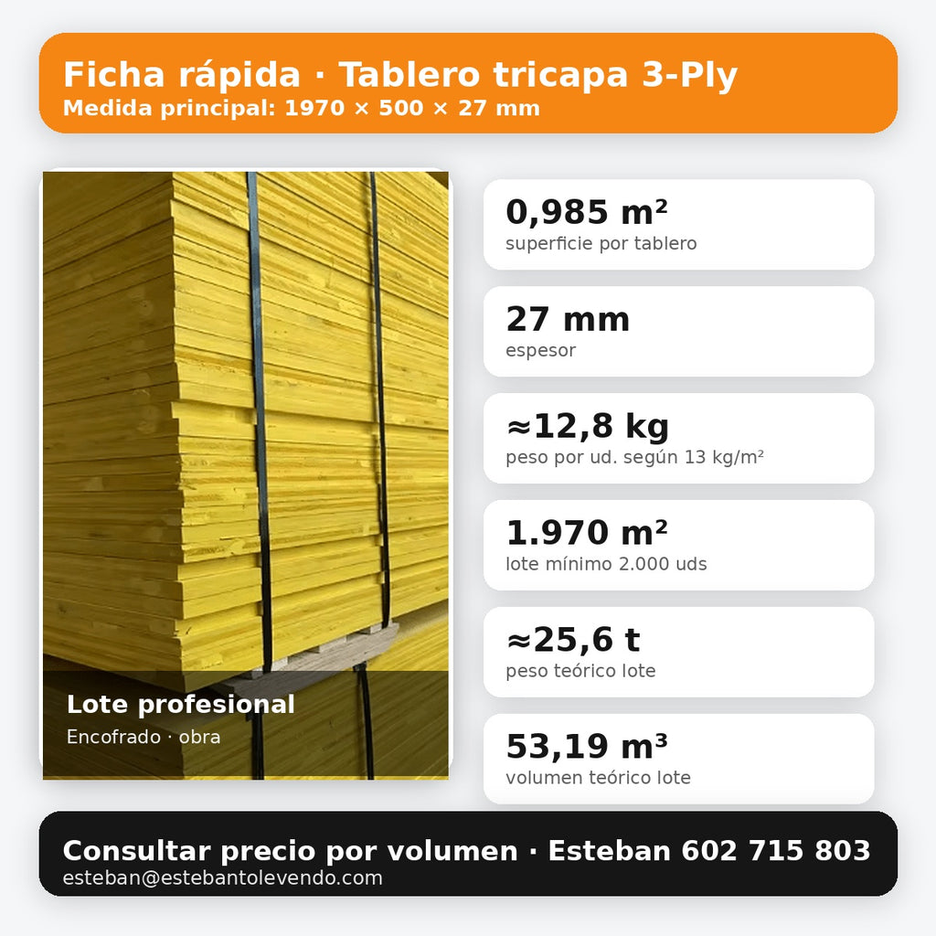 Tablero tricapa 3-Ply 1970x500x27 mm para encofrado