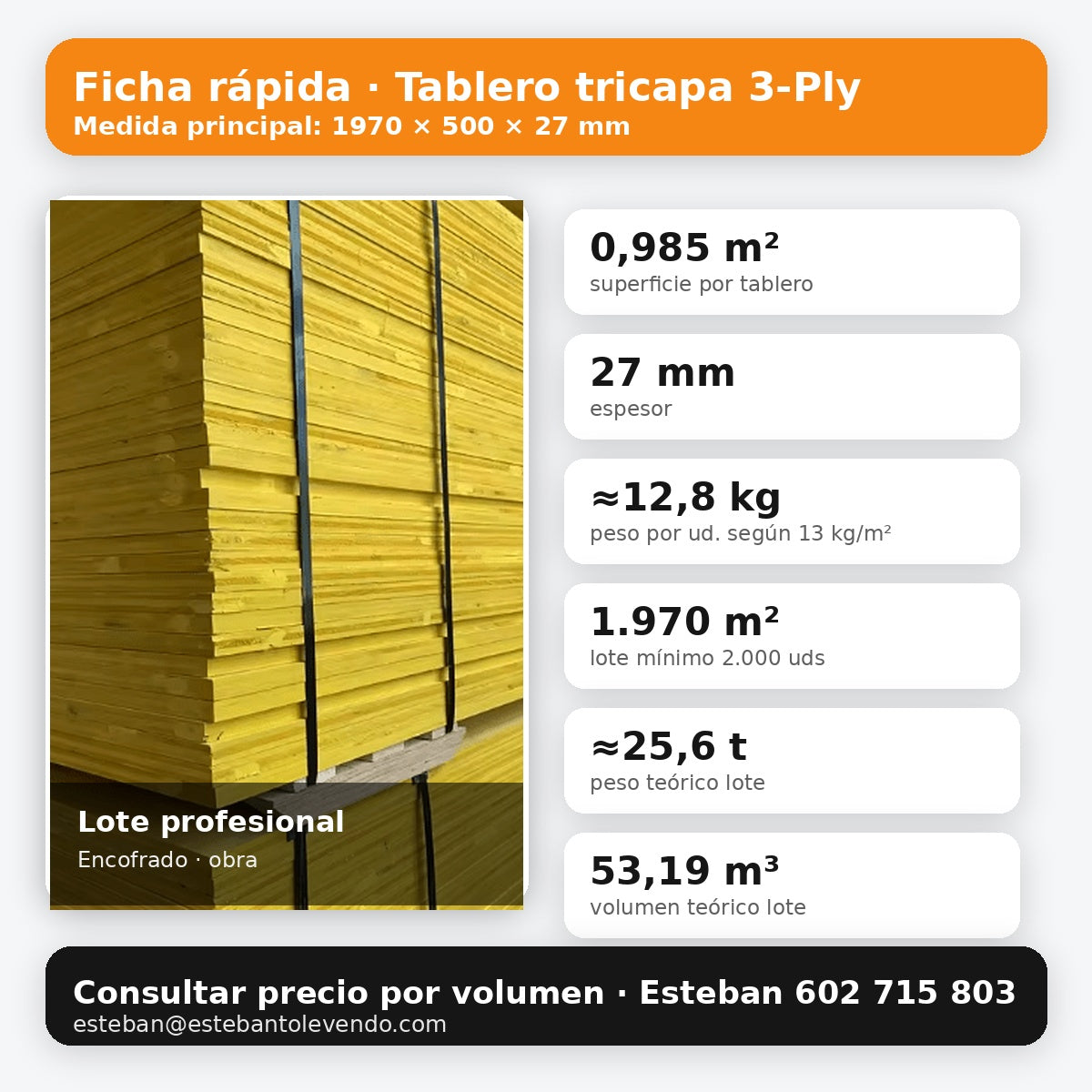 Tablero tricapa 3-Ply 1970x500x27 mm para encofrado