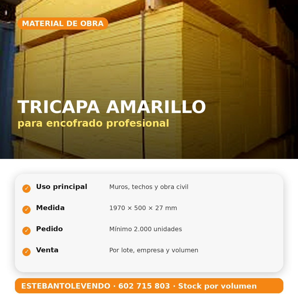 Tablero tricapa 3-Ply 1970x500x27 mm para encofrado