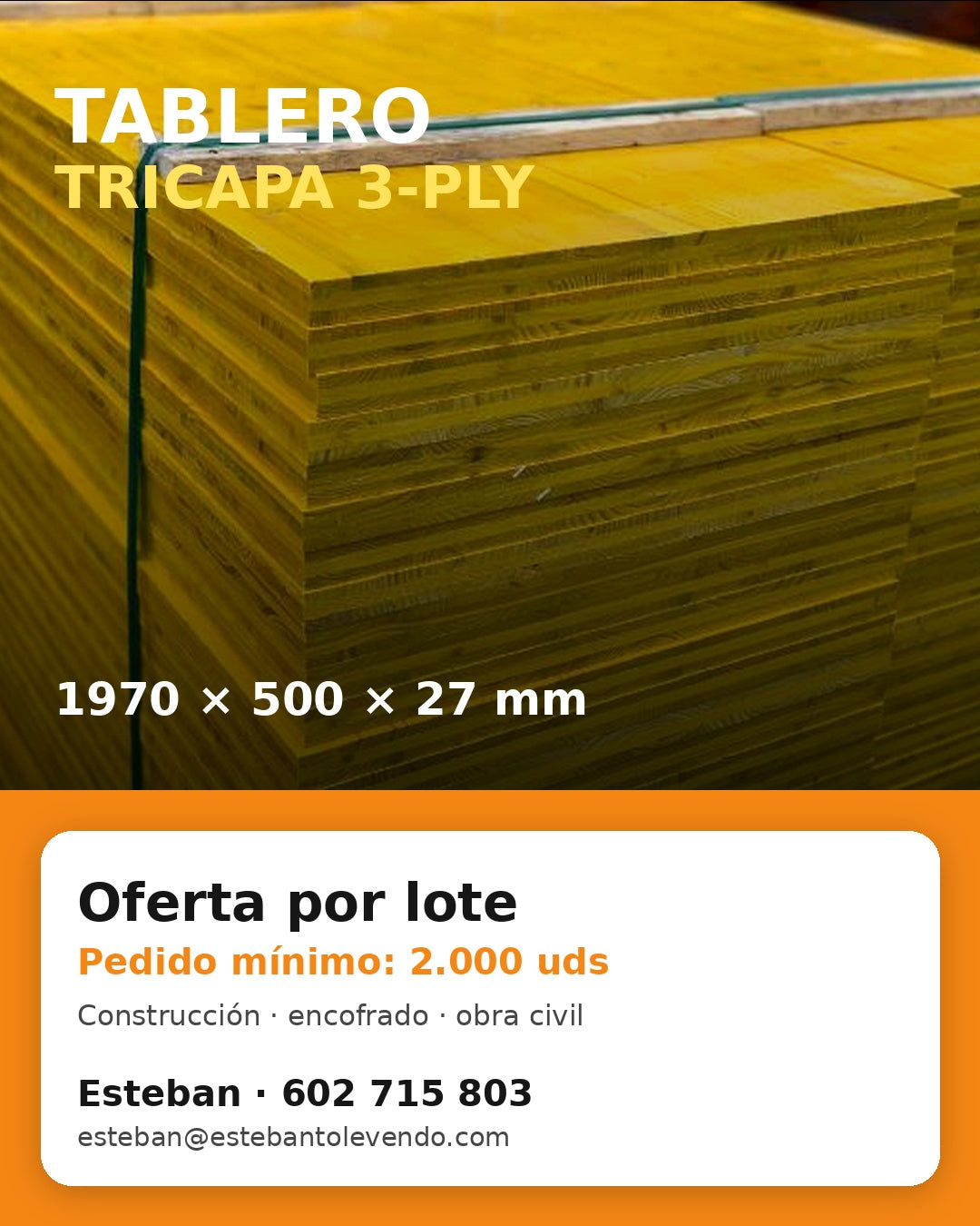 Tablero tricapa 3-Ply 1970x500x27 mm para encofrado